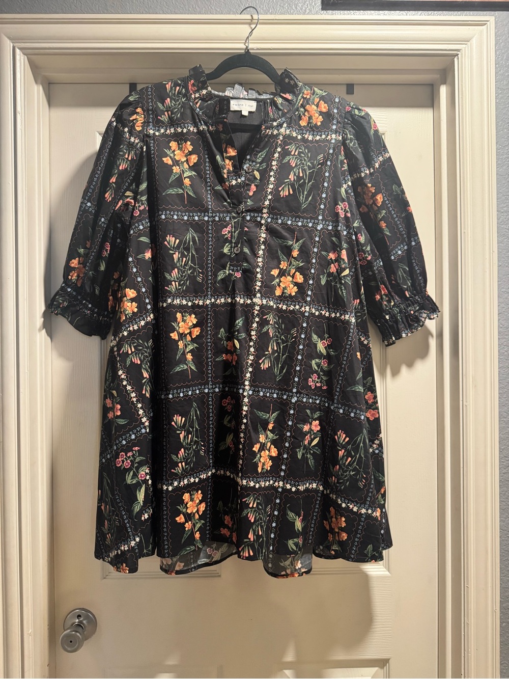 entro Black Floral Mini Dress with Orange & Pink Blooms